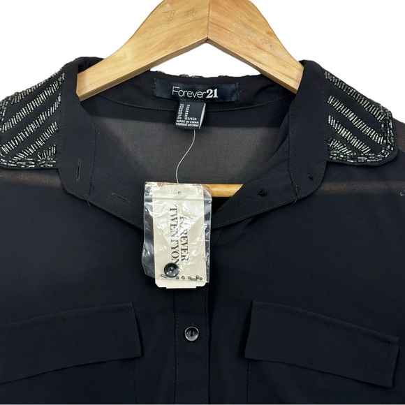 Forever 21 Black Long Sleeve Sheer Button Up Beaded Collar NWT - Womens Medium - Picture 2 of 7